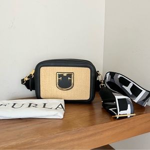 Furla leather raffia Brava camera cross body bag NWOT